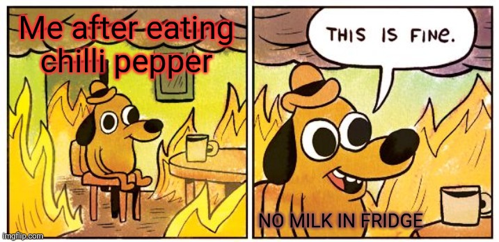 This Is Fine | Me after eating chilli pepper; NO MILK IN FRIDGE | image tagged in memes,this is fine | made w/ Imgflip meme maker