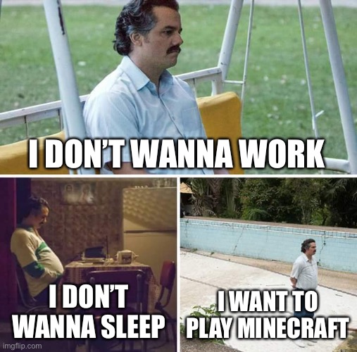 W minecraft | I DON’T WANNA WORK; I DON’T WANNA SLEEP; I WANT TO PLAY MINECRAFT | image tagged in memes,sad pablo escobar | made w/ Imgflip meme maker