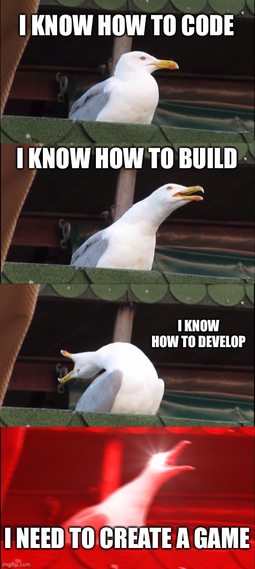 Roblos | I KNOW HOW TO CODE; I KNOW HOW TO BUILD; I KNOW HOW TO DEVELOP; I NEED TO CREATE A GAME | image tagged in memes,inhaling seagull | made w/ Imgflip meme maker