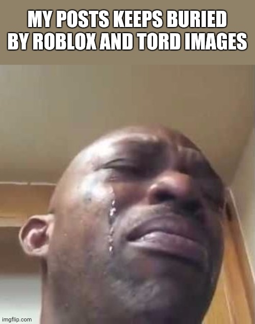 Crying Black Guy | MY POSTS KEEPS BURIED BY ROBLOX AND TORD IMAGES | image tagged in crying black guy | made w/ Imgflip meme maker