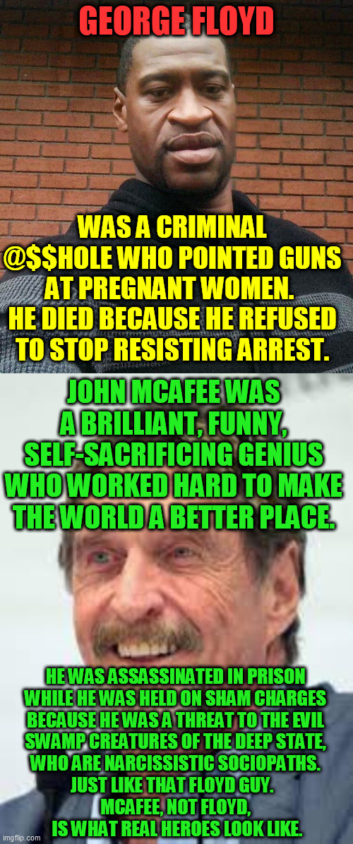 Another one Epsteined. Ok, lefties, show what you're made of.  Tear down every Floyd statue, and start putting up McAfee ones. | GEORGE FLOYD; WAS A CRIMINAL @$$HOLE WHO POINTED GUNS AT PREGNANT WOMEN. 
HE DIED BECAUSE HE REFUSED TO STOP RESISTING ARREST. JOHN MCAFEE WAS A BRILLIANT, FUNNY, SELF-SACRIFICING GENIUS WHO WORKED HARD TO MAKE THE WORLD A BETTER PLACE. HE WAS ASSASSINATED IN PRISON 
WHILE HE WAS HELD ON SHAM CHARGES 
BECAUSE HE WAS A THREAT TO THE EVIL 
SWAMP CREATURES OF THE DEEP STATE, 
WHO ARE NARCISSISTIC SOCIOPATHS. 
JUST LIKE THAT FLOYD GUY.   
MCAFEE, NOT FLOYD, 
IS WHAT REAL HEROES LOOK LIKE. | image tagged in george floyd,victims of leftist terrorism john mcafee,deep state,arkancide,political assassination,jeffrey epstein | made w/ Imgflip meme maker