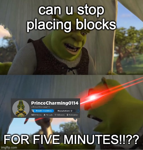 Shrek For Five Minutes | can u stop placing blocks; FOR FIVE MINUTES!!?? | image tagged in shrek for five minutes | made w/ Imgflip meme maker