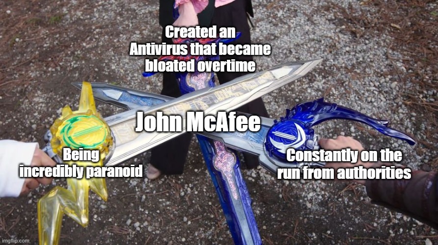 Three Swords Cross | Created an Antivirus that became bloated overtime; John McAfee; Being incredibly paranoid; Constantly on the run from authorities | image tagged in three swords cross | made w/ Imgflip meme maker
