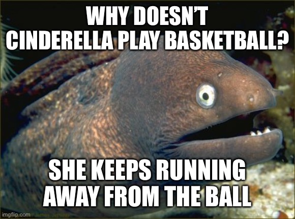 Reel-y bad joke Lol | WHY DOESN’T CINDERELLA PLAY BASKETBALL? SHE KEEPS RUNNING AWAY FROM THE BALL | image tagged in memes,bad joke eel | made w/ Imgflip meme maker