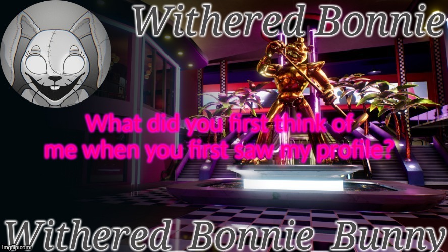 W.B.B's Security Breach temp | What did you first think of me when you first saw my profile? | image tagged in withered_bonnie_bunny's security breach template | made w/ Imgflip meme maker
