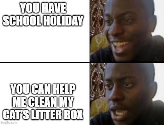 Oh yeah! Oh no... | YOU HAVE SCHOOL HOLIDAY; YOU CAN HELP ME CLEAN MY CAT'S LITTER BOX | image tagged in oh yeah oh no | made w/ Imgflip meme maker