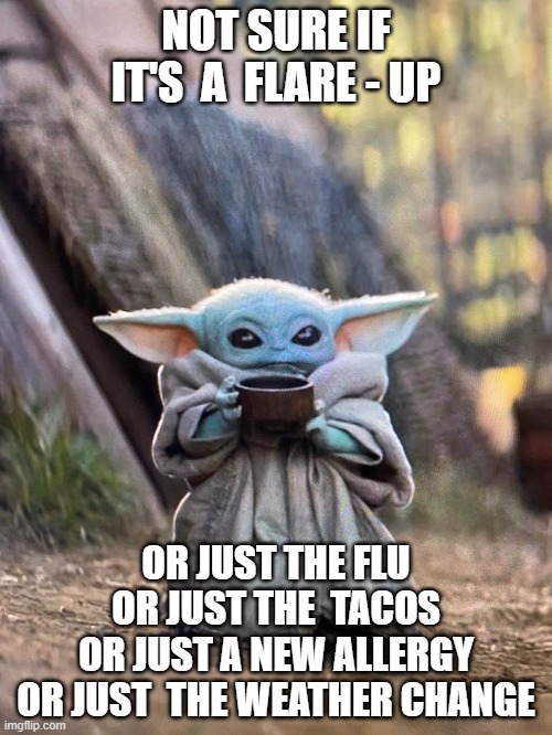 BABY YODA TEA | NOT SURE IF IT'S  A  FLARE - UP; OR JUST THE FLU
OR JUST THE  TACOS
OR JUST A NEW ALLERGY
OR JUST  THE WEATHER CHANGE | image tagged in baby yoda tea | made w/ Imgflip meme maker