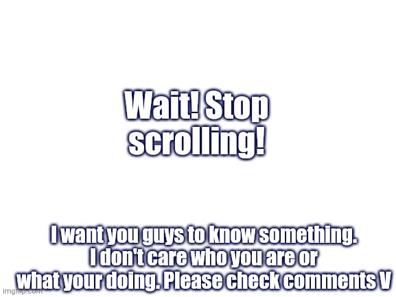 Blank White Template | Wait! Stop scrolling! I want you guys to know something. I don't care who you are or what your doing. Please check comments V | image tagged in blank white template,have a nice day | made w/ Imgflip meme maker
