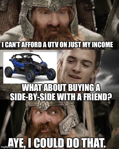 Side by side UTV | I CAN’T AFFORD A UTV ON JUST MY INCOME; WHAT ABOUT BUYING A SIDE-BY-SIDE WITH A FRIEND? AYE, I COULD DO THAT. | image tagged in aye i could do that blank | made w/ Imgflip meme maker
