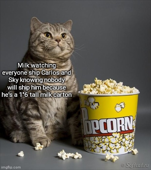 Cat eating popcorn | Milk watching everyone ship Carlos and Sky knowing nobody will ship him because he's a 1"6 tall milk carton | image tagged in cat eating popcorn | made w/ Imgflip meme maker