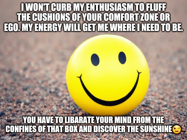 Own it | I WON'T CURB MY ENTHUSIASM TO FLUFF THE CUSHIONS OF YOUR COMFORT ZONE OR EGO. MY ENERGY WILL GET ME WHERE I NEED TO BE. YOU HAVE TO LIBARATE YOUR MIND FROM THE CONFINES OF THAT BOX AND DISCOVER THE SUNSHINE😉 | image tagged in fun | made w/ Imgflip meme maker
