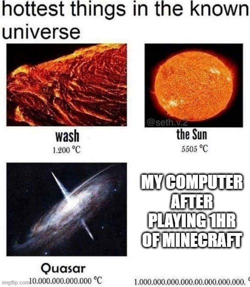 hottest things in the known universe | MY COMPUTER AFTER PLAYING 1HR OF MINECRAFT | image tagged in hottest things in the known universe | made w/ Imgflip meme maker
