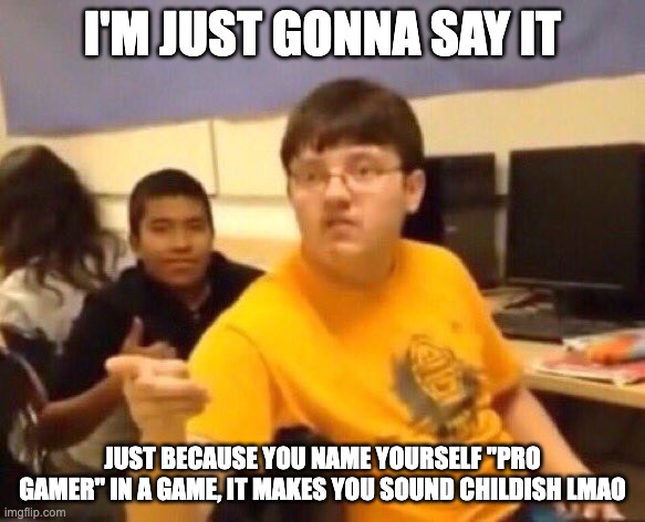 stop naming yourself pro gamer | I'M JUST GONNA SAY IT; JUST BECAUSE YOU NAME YOURSELF ''PRO GAMER'' IN A GAME, IT MAKES YOU SOUND CHILDISH LMAO | image tagged in i'm just gonna say it | made w/ Imgflip meme maker