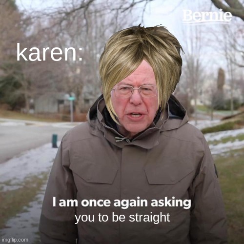 Bernie I Am Once Again Asking For Your Support | karen:; you to be straight | image tagged in memes,bernie i am once again asking for your support | made w/ Imgflip meme maker
