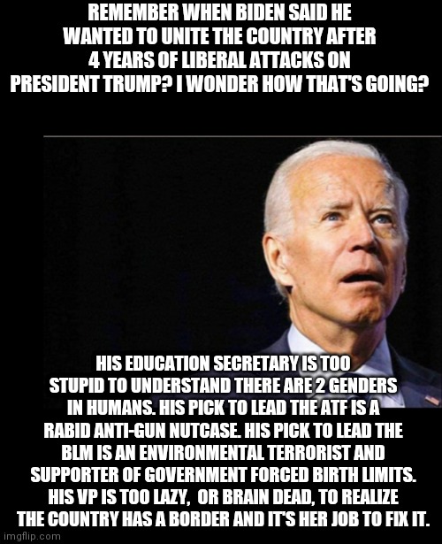 Watch out folks, Democrats are hard at work uniting the country.....to vote their incompetent butts out of office | REMEMBER WHEN BIDEN SAID HE WANTED TO UNITE THE COUNTRY AFTER 4 YEARS OF LIBERAL ATTACKS ON PRESIDENT TRUMP? I WONDER HOW THAT'S GOING? HIS EDUCATION SECRETARY IS TOO STUPID TO UNDERSTAND THERE ARE 2 GENDERS IN HUMANS. HIS PICK TO LEAD THE ATF IS A RABID ANTI-GUN NUTCASE. HIS PICK TO LEAD THE BLM IS AN ENVIRONMENTAL TERRORIST AND SUPPORTER OF GOVERNMENT FORCED BIRTH LIMITS. HIS VP IS TOO LAZY,  OR BRAIN DEAD, TO REALIZE THE COUNTRY HAS A BORDER AND IT'S HER JOB TO FIX IT. | image tagged in joe biden,incompetence,stupid liberals,liberal hypocrisy,task failed successfully | made w/ Imgflip meme maker