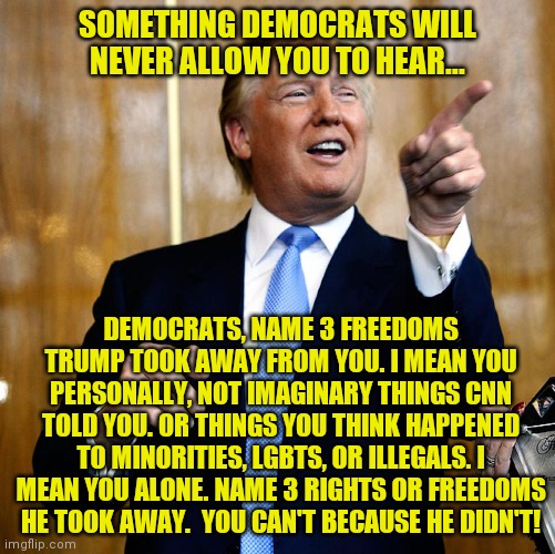 Trump didn't take anything from you. But you hated him??? | SOMETHING DEMOCRATS WILL NEVER ALLOW YOU TO HEAR... DEMOCRATS, NAME 3 FREEDOMS TRUMP TOOK AWAY FROM YOU. I MEAN YOU PERSONALLY, NOT IMAGINARY THINGS CNN TOLD YOU. OR THINGS YOU THINK HAPPENED TO MINORITIES, LGBTS, OR ILLEGALS. I MEAN YOU ALONE. NAME 3 RIGHTS OR FREEDOMS HE TOOK AWAY.  YOU CAN'T BECAUSE HE DIDN'T! | image tagged in donald trump,laws,human rights,triggered liberal | made w/ Imgflip meme maker