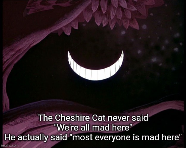 Cheshire Cat Grin | The Cheshire Cat never said "We're all mad here"
He actually said "most everyone is mad here" | image tagged in cheshire cat grin | made w/ Imgflip meme maker