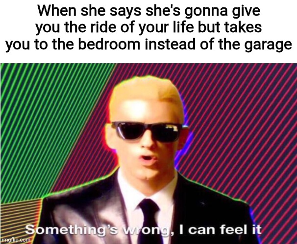 Hmm | When she says she's gonna give you the ride of your life but takes you to the bedroom instead of the garage | image tagged in something s wrong,funny,memes,ride,bedroom,oh wow are you actually reading these tags | made w/ Imgflip meme maker