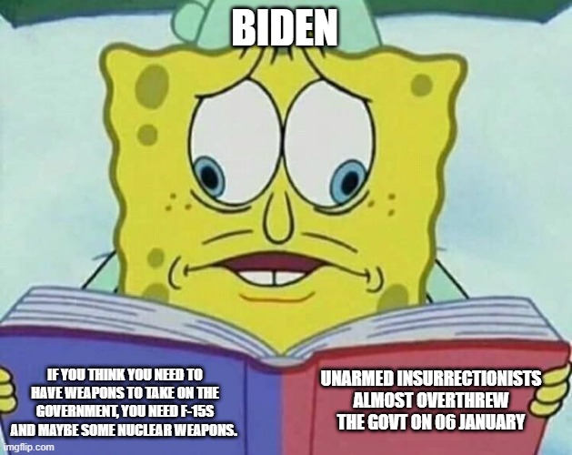 Biden Spongbob Flip | BIDEN; UNARMED INSURRECTIONISTS ALMOST OVERTHREW THE GOVT ON 06 JANUARY; IF YOU THINK YOU NEED TO HAVE WEAPONS TO TAKE ON THE GOVERNMENT, YOU NEED F-15S AND MAYBE SOME NUCLEAR WEAPONS. | image tagged in cross eyed spongebob,biden,insurrection,f-16 | made w/ Imgflip meme maker