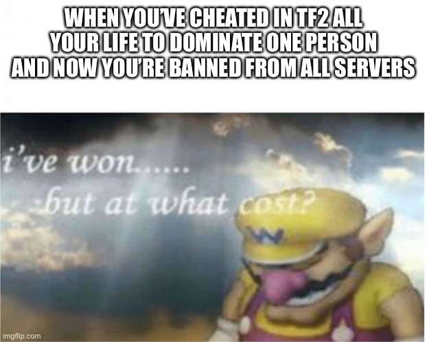 I won but at what cost | WHEN YOU’VE CHEATED IN TF2 ALL YOUR LIFE TO DOMINATE ONE PERSON AND NOW YOU’RE BANNED FROM ALL SERVERS | image tagged in i won but at what cost | made w/ Imgflip meme maker