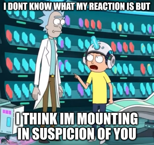 mounting in suspicion | I DONT KNOW WHAT MY REACTION IS BUT; I THINK IM MOUNTING IN SUSPICION OF YOU | image tagged in suspicion,rick and morty,sus,bullshit | made w/ Imgflip meme maker