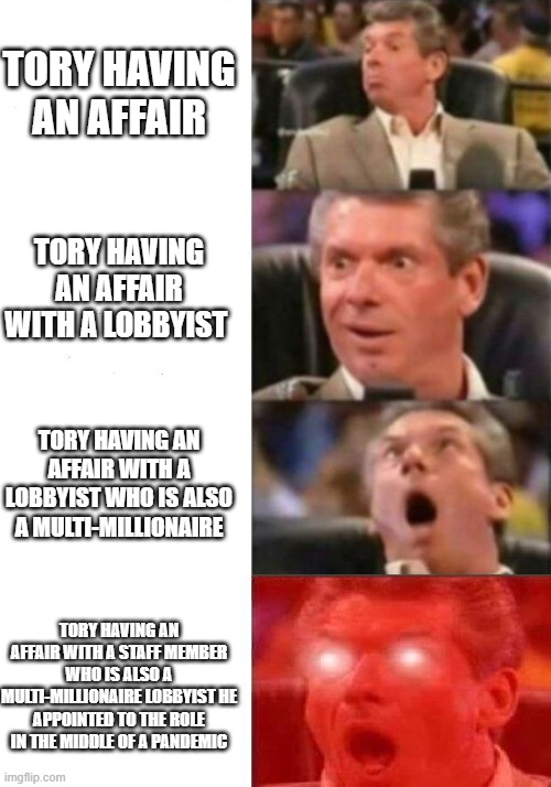 Mr. McMahon reaction | TORY HAVING AN AFFAIR; TORY HAVING AN AFFAIR WITH A LOBBYIST; TORY HAVING AN AFFAIR WITH A LOBBYIST WHO IS ALSO A MULTI-MILLIONAIRE; TORY HAVING AN AFFAIR WITH A STAFF MEMBER WHO IS ALSO A MULTI-MILLIONAIRE LOBBYIST HE APPOINTED TO THE ROLE IN THE MIDDLE OF A PANDEMIC | image tagged in mr mcmahon reaction | made w/ Imgflip meme maker