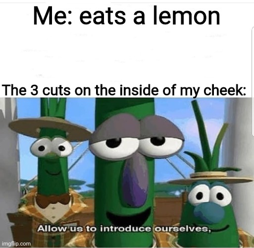 Based on a true story | Me: eats a lemon; The 3 cuts on the inside of my cheek: | image tagged in allow us to introduce ourselves | made w/ Imgflip meme maker
