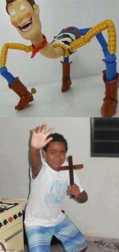 OH HELL NO- | image tagged in kid with cross,cursed image,what the hell happened here,woody | made w/ Imgflip meme maker