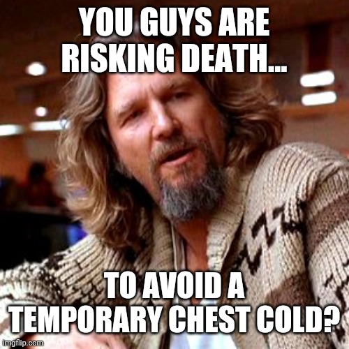 It's not logical. | YOU GUYS ARE RISKING DEATH... TO AVOID A TEMPORARY CHEST COLD? | image tagged in memes | made w/ Imgflip meme maker