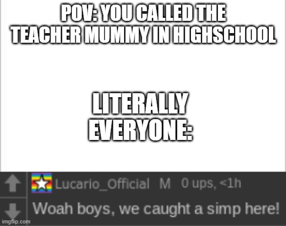 POV: YOU CALLED THE TEACHER MUMMY IN HIGHSCHOOL; LITERALLY EVERYONE: | image tagged in white background,woah boys we caught a simp | made w/ Imgflip meme maker