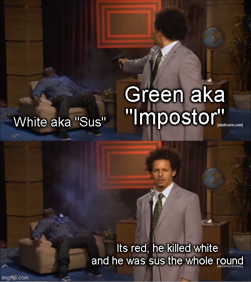 Who Killed Hannibal | Green aka "Impostor"; White aka "Sus"; Its red, he killed white and he was sus the whole round | image tagged in memes,among us | made w/ Imgflip meme maker