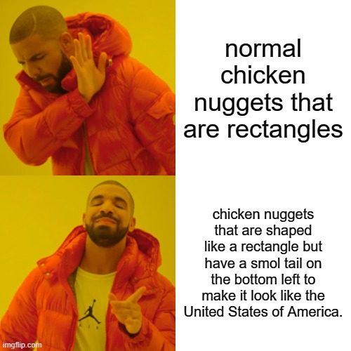 Chicken nuggets | normal chicken nuggets that are rectangles; chicken nuggets that are shaped like a rectangle but have a smol tail on the bottom left to make it look like the United States of America. | image tagged in memes,drake hotline bling | made w/ Imgflip meme maker
