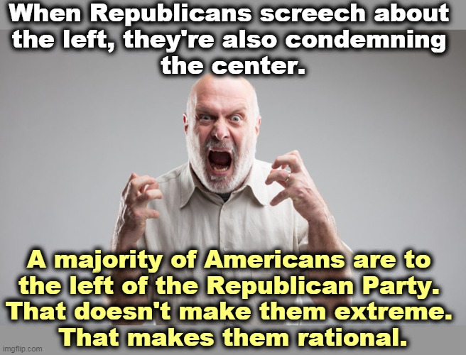 Republicans are out of the mainstream They just don't know it. | When Republicans screech about 
the left, they're also condemning 
the center. A majority of Americans are to 
the left of the Republican Party. 

That doesn't make them extreme. 
That makes them rational. | image tagged in republicans,extreme,democrats,normal | made w/ Imgflip meme maker