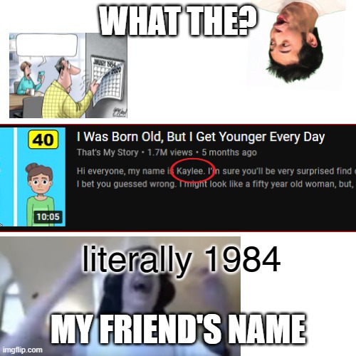 AAAAAAAAAAAAAAAAAAAAA | WHAT THE? literally 1984; MY FRIEND'S NAME | image tagged in memes,blank transparent square | made w/ Imgflip meme maker