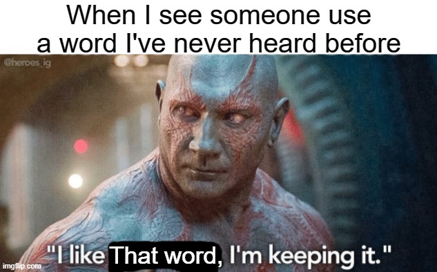 When I see someone use a word I've never heard before; That word, | image tagged in word,i like that i'm keeping it,drax | made w/ Imgflip meme maker