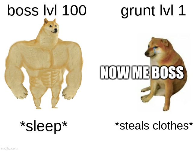 STUPID MOBILE GAME ADS BE LIKE |  boss lvl 100; grunt lvl 1; NOW ME BOSS; *sleep*; *steals clothes* | image tagged in memes,buff doge vs cheems | made w/ Imgflip meme maker