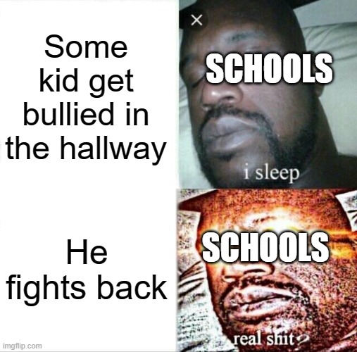 No title | Some kid get bullied in the hallway; SCHOOLS; He fights back; SCHOOLS | image tagged in memes,sleeping shaq | made w/ Imgflip meme maker