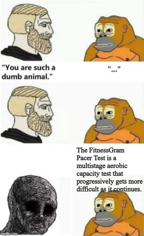 your such a dumb animal | The FitnessGram Pacer Test is a multistage aerobic capacity test that progressively gets more difficult as it continues. | image tagged in your such a dumb animal | made w/ Imgflip meme maker