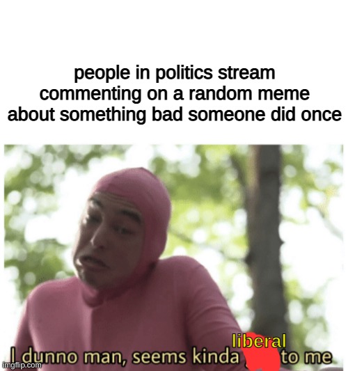 haha libtard go brr | people in politics stream commenting on a random meme about something bad someone did once; liberal | image tagged in blank white template,idk man seems kinda gay | made w/ Imgflip meme maker