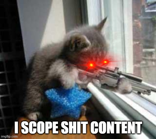 CatSniper | I SCOPE SHIT CONTENT | image tagged in catsniper | made w/ Imgflip meme maker
