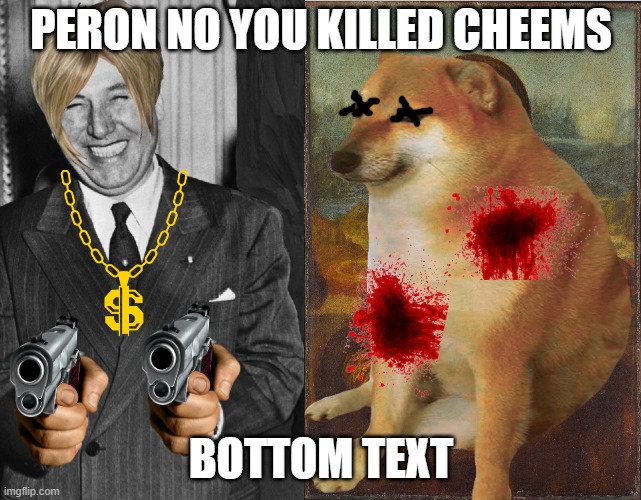 peron no??¡¡??¡¡¡!?!?¡?¡!?¡!?¡! | PERON NO YOU KILLED CHEEMS; BOTTOM TEXT | image tagged in funny | made w/ Imgflip meme maker