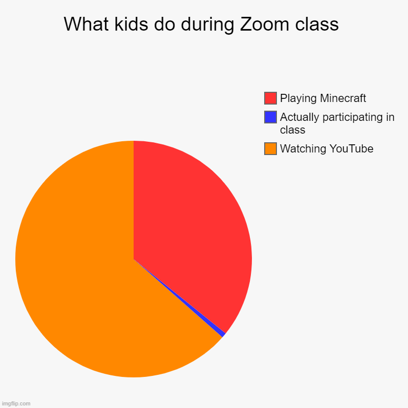 What kids do during online class | What kids do during Zoom class | Watching YouTube, Actually participating in class, Playing Minecraft | image tagged in charts,pie charts | made w/ Imgflip chart maker