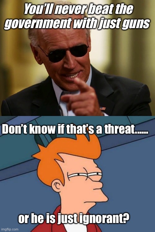 Confused Joe | You’ll never beat the government with just guns; Don’t know if that’s a threat...... or he is just ignorant? | image tagged in cool joe biden,memes,futurama fry,politics lol | made w/ Imgflip meme maker