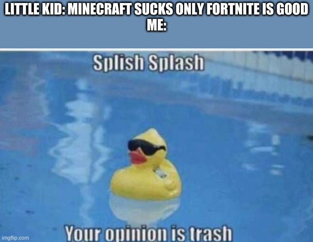 splish splash you opinion is trash | LITTLE KID: MINECRAFT SUCKS ONLY FORTNITE IS GOOD
ME: | image tagged in meme,fun,duck,water,glasses | made w/ Imgflip meme maker