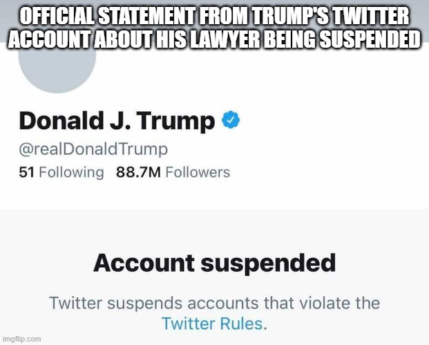 Trump banned from Twitter | OFFICIAL STATEMENT FROM TRUMP'S TWITTER ACCOUNT ABOUT HIS LAWYER BEING SUSPENDED | image tagged in trump banned from twitter | made w/ Imgflip meme maker