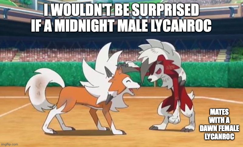 Lycanrocs | I WOULDN'T BE SURPRISED IF A MIDNIGHT MALE LYCANROC; MATES WITH A DAWN FEMALE LYCANROC | image tagged in lycanroc,pokemon,memes | made w/ Imgflip meme maker