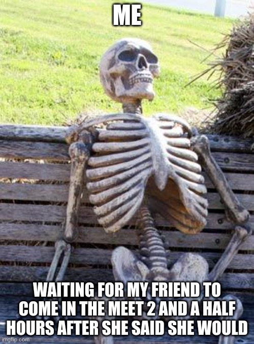 Waiting Skeleton | ME; WAITING FOR MY FRIEND TO COME IN THE MEET 2 AND A HALF HOURS AFTER SHE SAID SHE WOULD | image tagged in memes,waiting skeleton | made w/ Imgflip meme maker