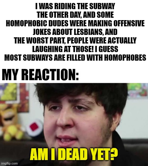I guess i'll walk next time. | I WAS RIDING THE SUBWAY THE OTHER DAY, AND SOME HOMOPHOBIC DUDES WERE MAKING OFFENSIVE JOKES ABOUT LESBIANS, AND THE WORST PART, PEOPLE WERE ACTUALLY LAUGHING AT THOSE! I GUESS MOST SUBWAYS ARE FILLED WITH HOMOPHOBES; MY REACTION:; AM I DEAD YET? | image tagged in jontron am i dead yet,lgbt,homophobes,subway,bruh | made w/ Imgflip meme maker