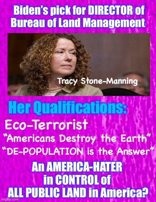 10% of American Land - 245 Million Acres - Controlled by BLM | Biden’s pick for DIRECTOR of
Bureau of Land Management; Tracy Stone-Manning; Her Qualifications:; Eco-Terrorist; “Americans Destroy the Earth”; “DE-POPULATION is the Answer”; An AMERICA-HATER 
in CONTROL of 
ALL PUBLIC LAND in America? | image tagged in dems hate america,dems are marxists,power  control  money,they want to control you,socialism sucks,kma | made w/ Imgflip meme maker
