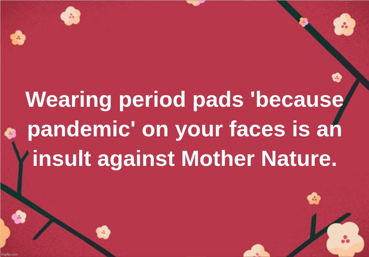 Wearing period pads 'because pandemic' on your faces is an insult against Mother Nature. | image tagged in pandemic,face,mask,nhs,diaper,coronavirus | made w/ Imgflip meme maker